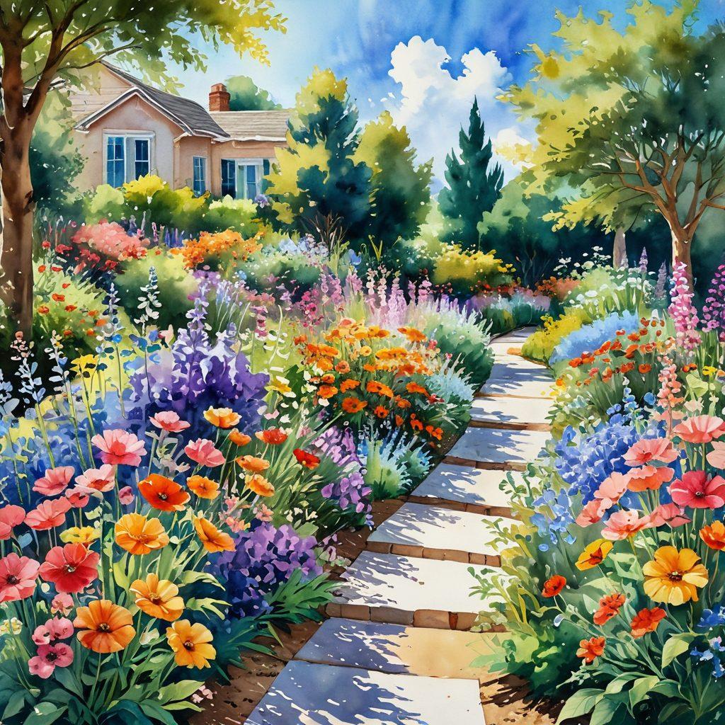 A vibrant, whimsical garden filled with diverse, colorful flowers blooming in abundance, symbolizing exuberance and joy. Include a sunlit pathway weaving through the florals, inviting exploration. Add soft, flowing fabric in pastel colors gently blowing in the breeze, representing freedom and creativity. In the background, a bright blue sky enhances the cheerful atmosphere. watercolor painting. vibrant colors.