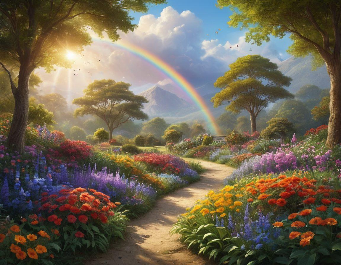 A serene landscape depicting a lush garden overflowing with a variety of vibrant blooming flowers in full color. In the foreground, a diverse group of people of different ages joyously interacting and admiring the floral beauty, surrounded by butterflies and soft sunlight filtering through the trees. The scene captures a sense of elation and well-being, with a rainbow forming in the distance. super-realistic. vibrant colors. peaceful atmosphere.