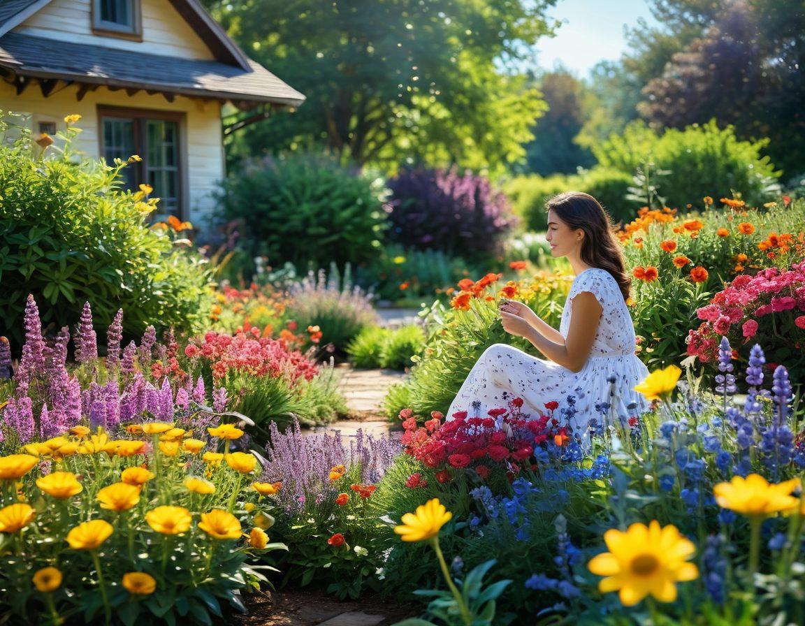 A vibrant garden scene filled with a variety of colorful flowers in full bloom, radiating joy and tranquility. Include elements like a gentle breeze rustling the petals, bees buzzing around, and sunlight filtering through the leaves. In the foreground, a person happily tending to the flowers, embodying a sense of connection with nature. The atmosphere is warm and inviting, promoting feelings of happiness and serenity. vibrant colors. soft focus. impressionist style.